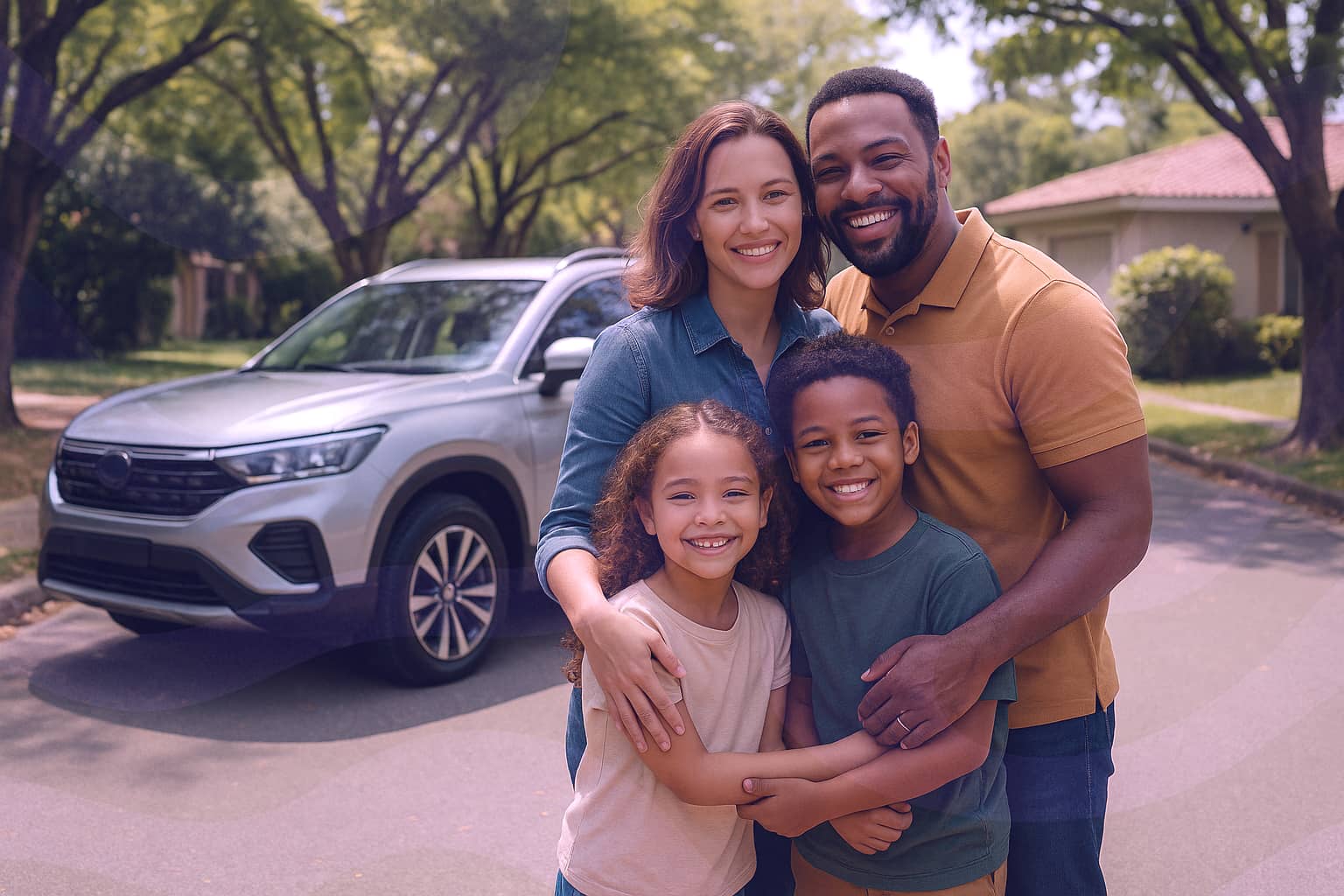Família feliz comprando carro